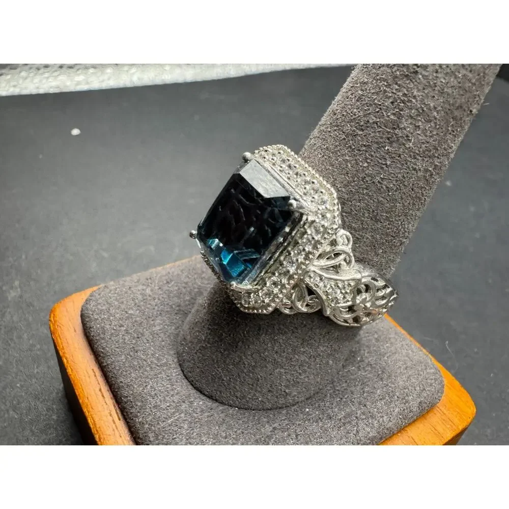 Vtg Style 925 Sterling Silver London Blue Topaz Emerald Cut CZ Halo Ring Sz 10